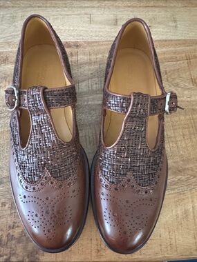 Giorgio Armani Brown Woven Leather T-Strap Brogues Mary Jane Oxfords NEW